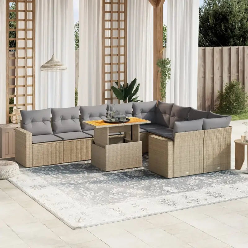 Zwarte loungeset van gepoedercoat staal voor tuin en terras - beige en lichtgrijs / 4x hoek + 5x midden + Tafel