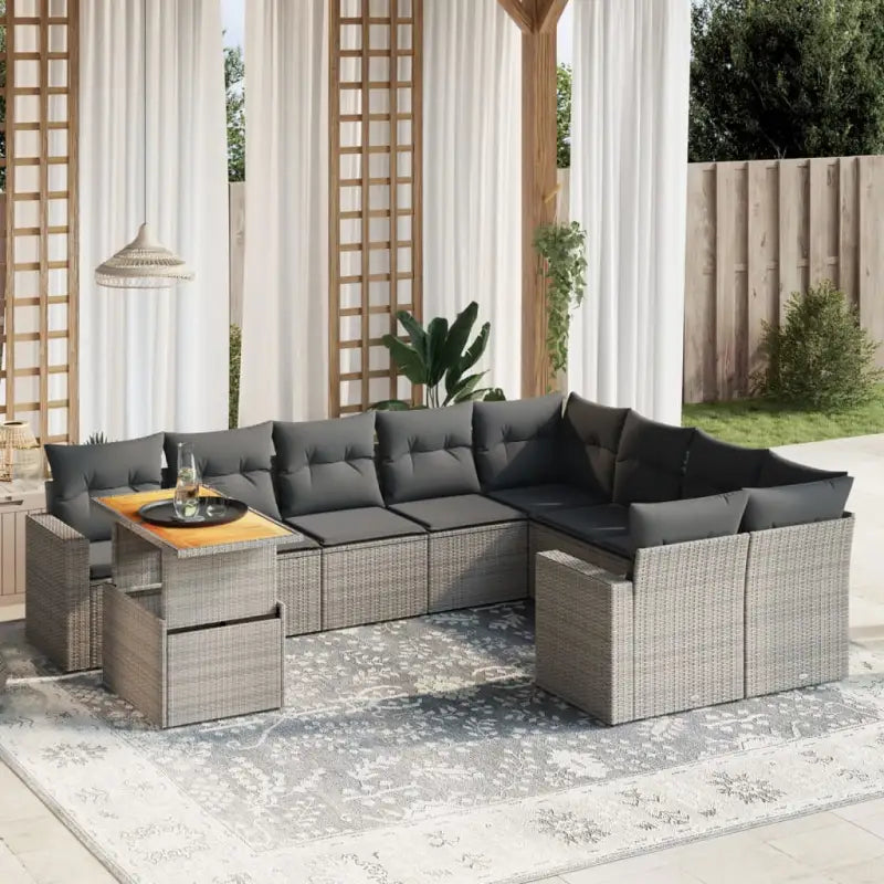 Zwarte loungeset van gepoedercoat staal voor tuin en terras - grijs en donkergrijs / Tafel + 4x hoek + 5x midden