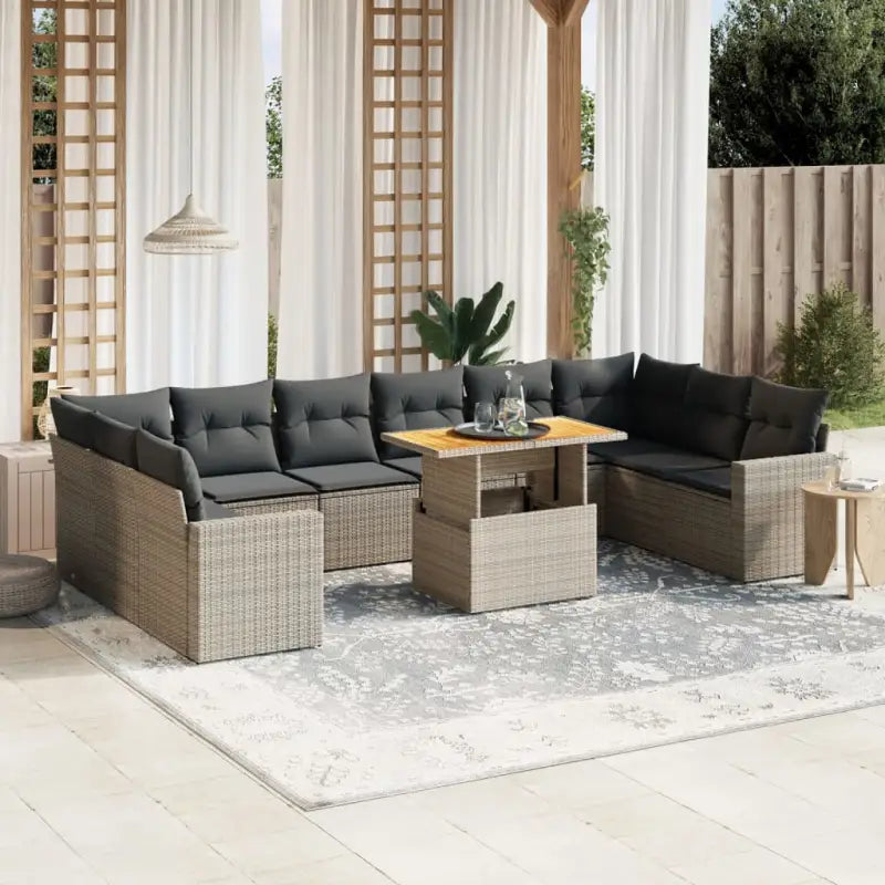 Zwarte loungeset van gepoedercoat staal voor tuin en terras - grijs en donkergrijs / 6x midden + 4x hoek + Tafel