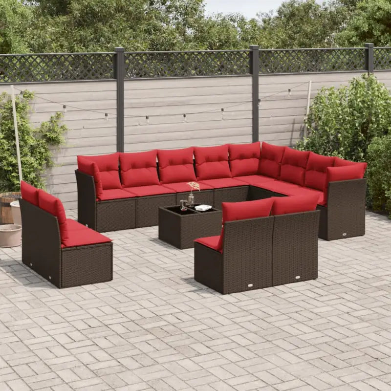 Zwarte loungeset van poly rattan met gepoedercoat staal en ruime afmetingen - Bruin en rood / Met tafel - Tuinsets