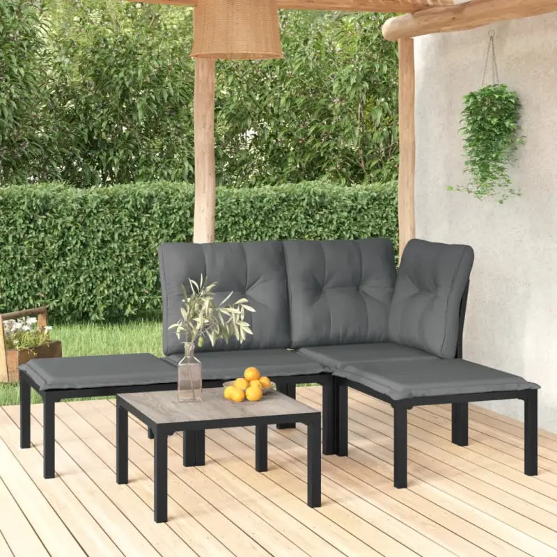 Zwarte tuin loungeset met gepoedercoat staal en weerbestendig PE-rattan - hoek + midden + 2x voetensteun + Tafel