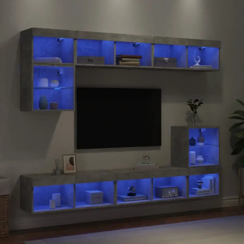 Zwevende tv-meubel van bewerkt hout met rgb led-verlichting - Betongrijs / 1 - Tv-meubels