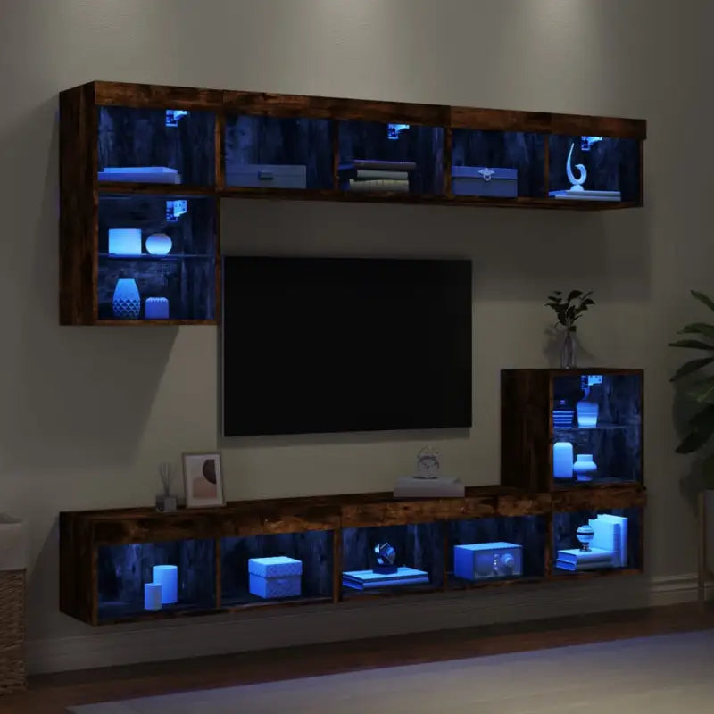 Zwevende tv-meubel van bewerkt hout met rgb led-verlichting - Gerookt eiken / 1 - Tv-meubels
