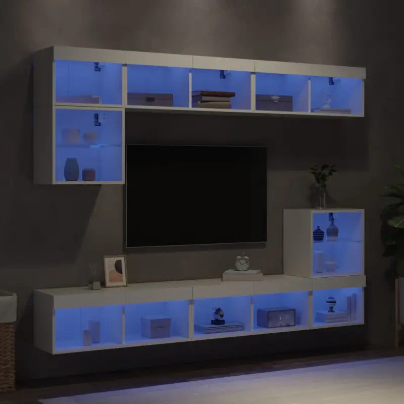 Zwevende tv-meubel van bewerkt hout met rgb led-verlichting - Wit / 1 - Tv-meubels