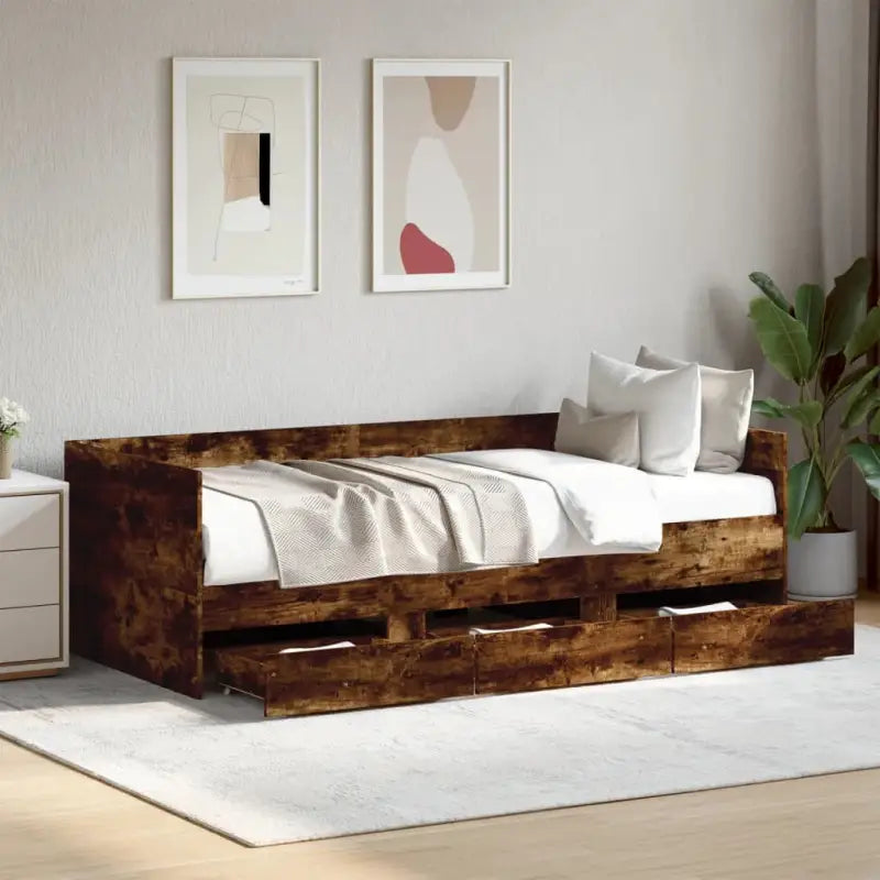 2-in-1 slaapbank met lades in bewerkt hout levering bevat - Gerookt eiken / 90 x 190 cm - Bedden & bedframes