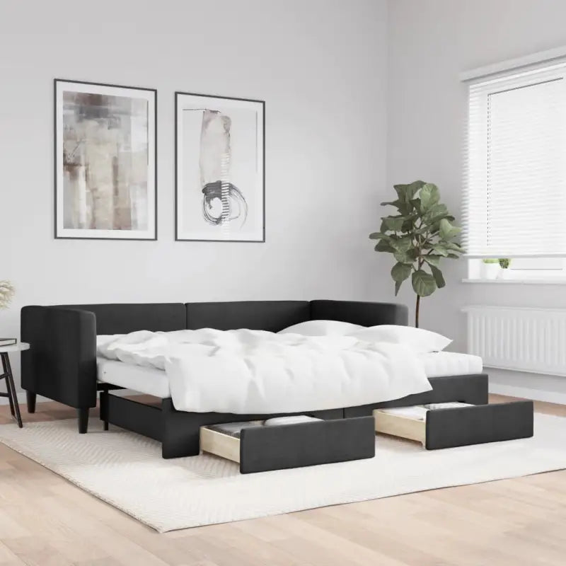2-in-1 Slaapbank met Onderbed voor Woon- en Slaapkamers - Zwart / 90 x 200 cm / met onderschuifbed en lade en matras