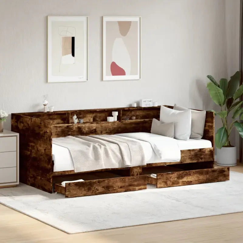 2-in-1 slaapbank van bewerkt hout met lades inclusief levering bevat - Gerookt eiken / 100 x 200 cm - Bedden & bedframes