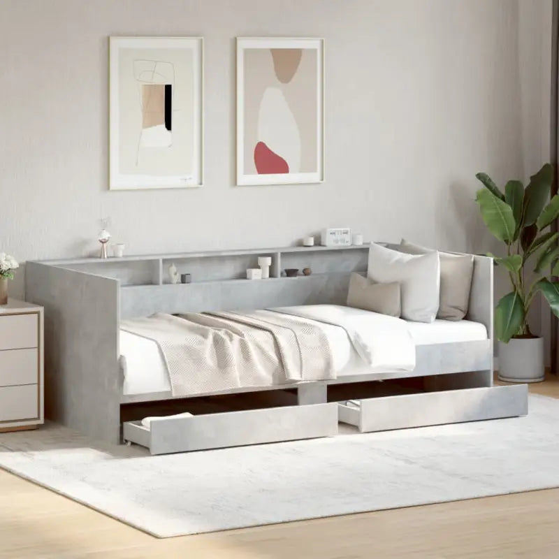 2-in-1 slaapbank van bewerkt hout met lades inclusief levering bevat - Betongrijs / 75 x 190 cm - Bedden & bedframes