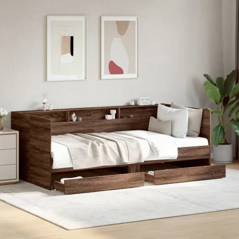 2-in-1 slaapbank van bewerkt hout met lades inclusief levering bevat - bruin eikenkleur / 75 x 190 cm - Bedden &