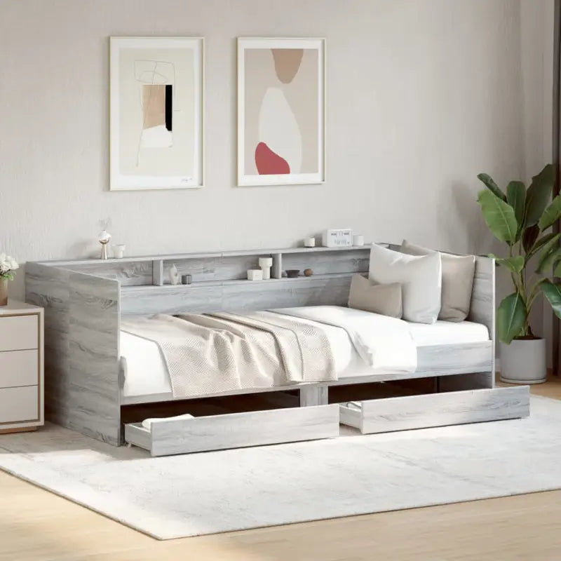 2-in-1 slaapbank van bewerkt hout met lades inclusief levering bevat - Grijs sonoma / 90 x 190 cm - Bedden & bedframes