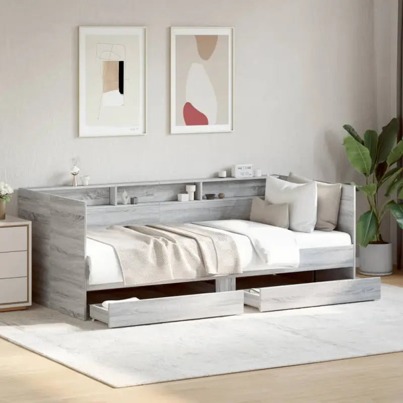 2-in-1 slaapbank van bewerkt hout met lades inclusief levering bevat - Grijs sonoma / 90 x 200 cm - Bedden & bedframes