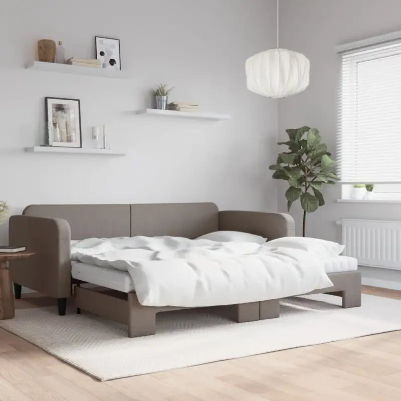 2-in-1 Slaapbank voor Woon- of Slaapkamer - Taupe / 100 x 200 cm / met onderschuifbed en matras - Bedden & bedframes