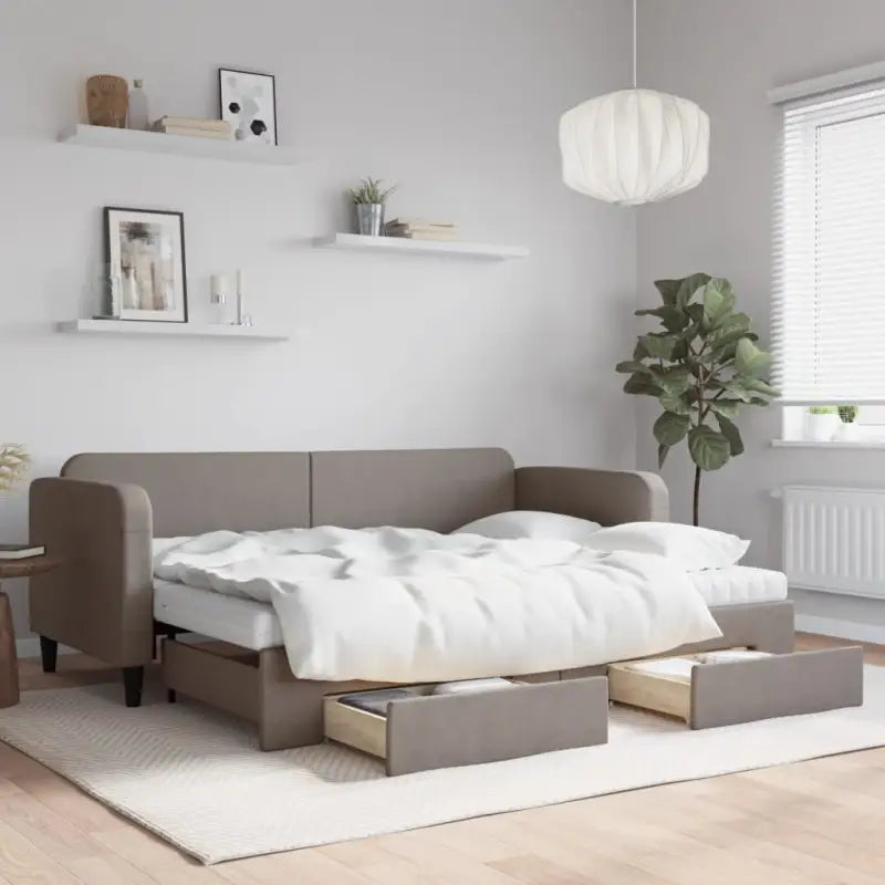 2-in-1 Slaapbank voor Woon- of Slaapkamer - Taupe / 80 x 200 cm / met onderschuifbed en lade en matras - Bedden &