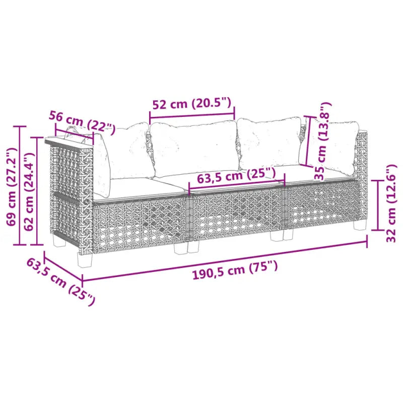 3-zits tuinbank van poly rattan met natuurlijke olieafwerking en comfortabele zitervaring - Loungebanken