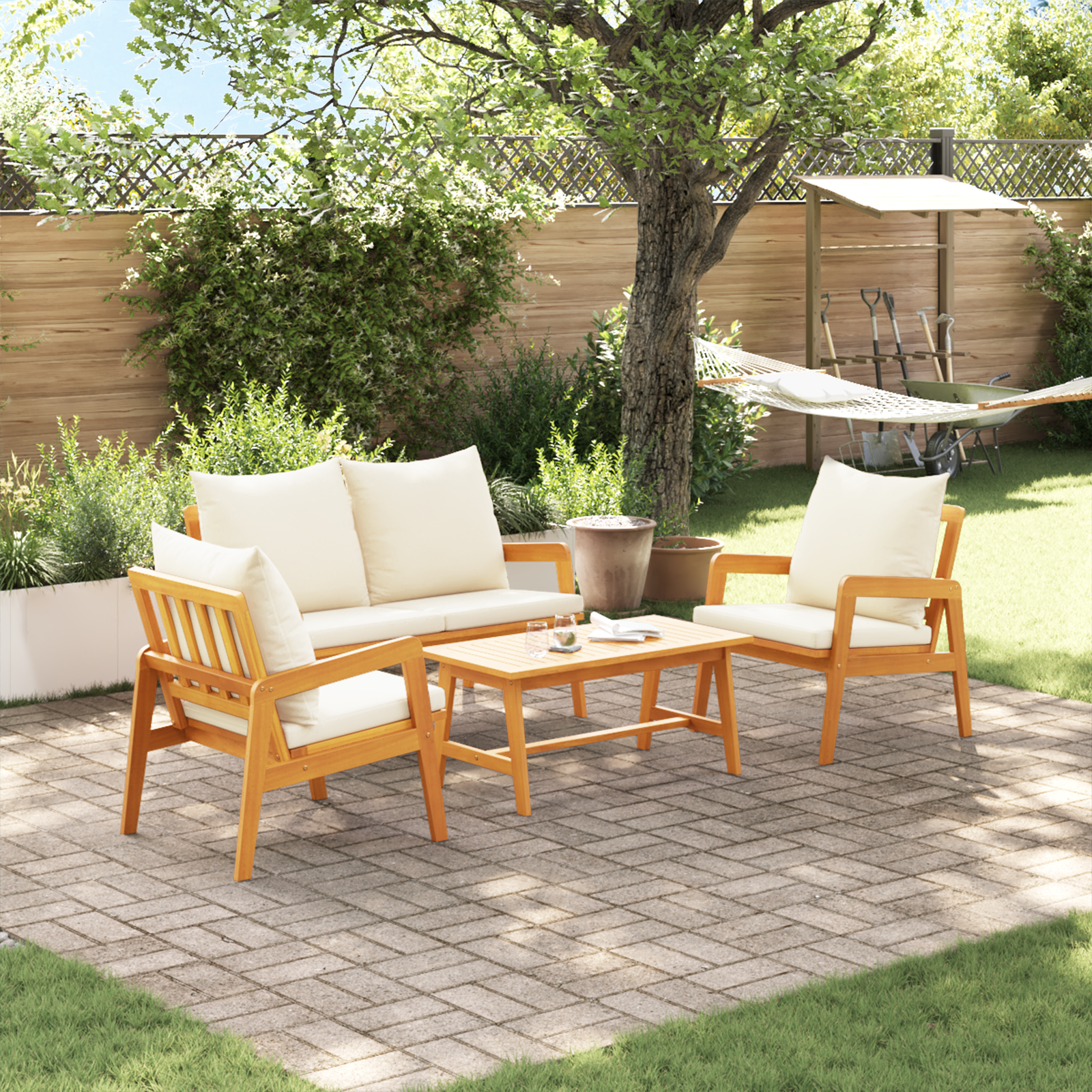 vidaXL 4-delige Bistroset met kussens massief acaciahout