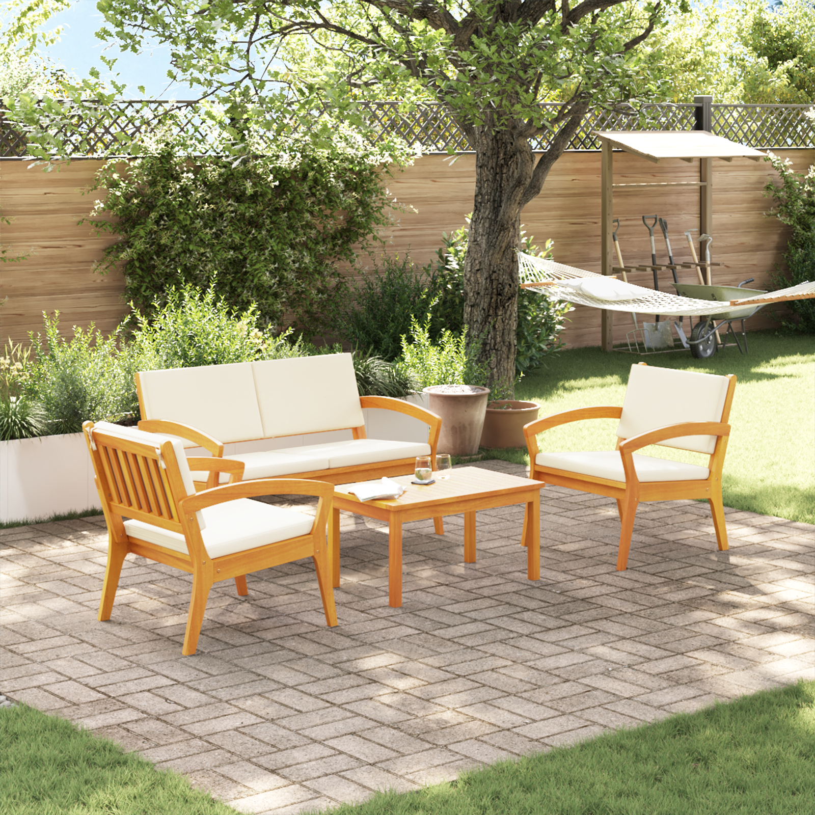 vidaXL 4-delige bistroset met kussens van massief acaciahout