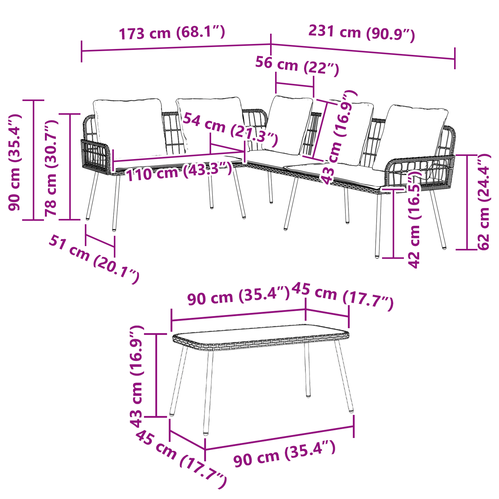 vidaXL 2-delige Tuinbankset met kussens poly rattan zwart