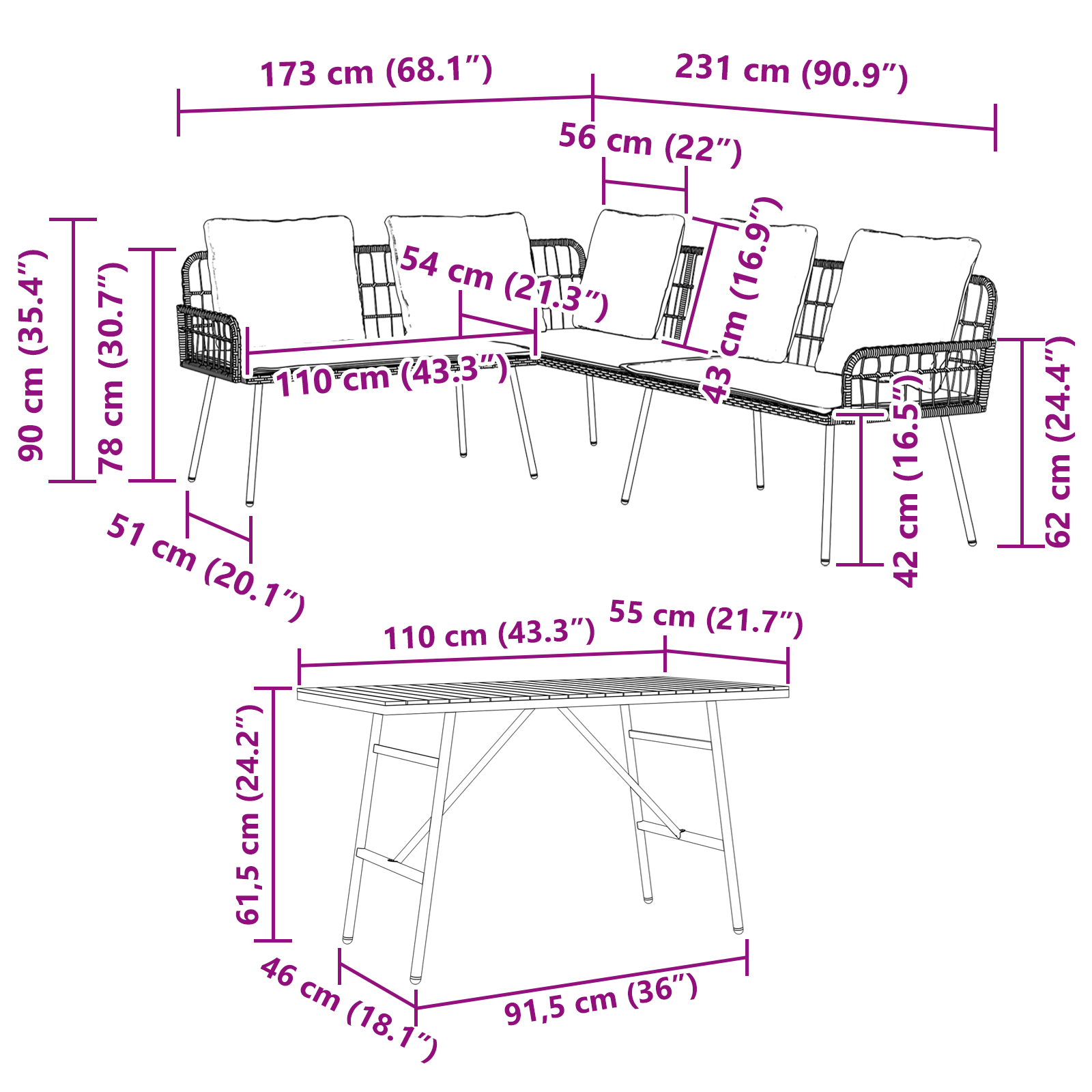 vidaXL 2-delige Tuinbankenset met kussens poly rattan zwart
