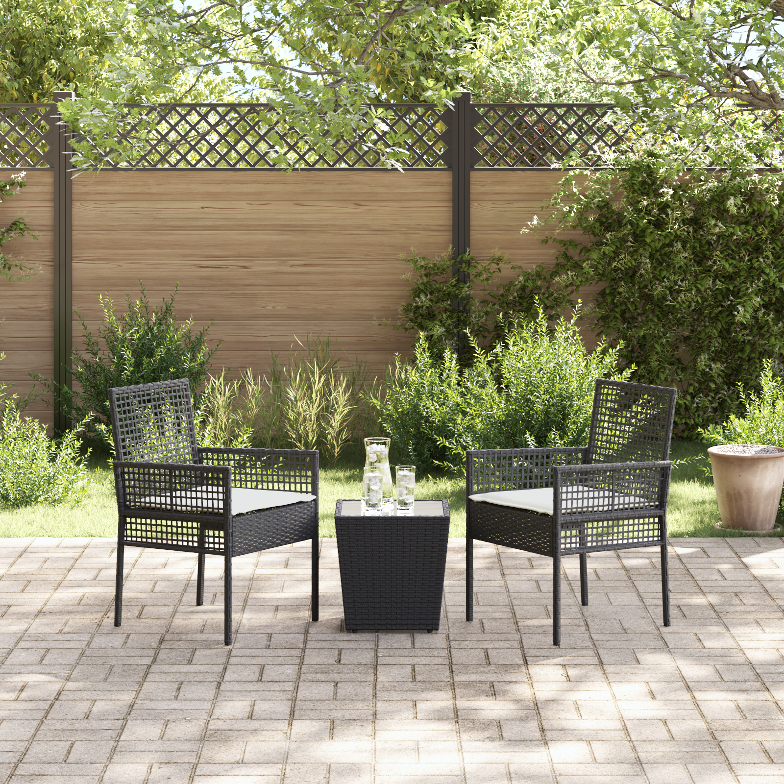 vidaXL 3-delige Tuinbistroset met kussens poly rattan zwart