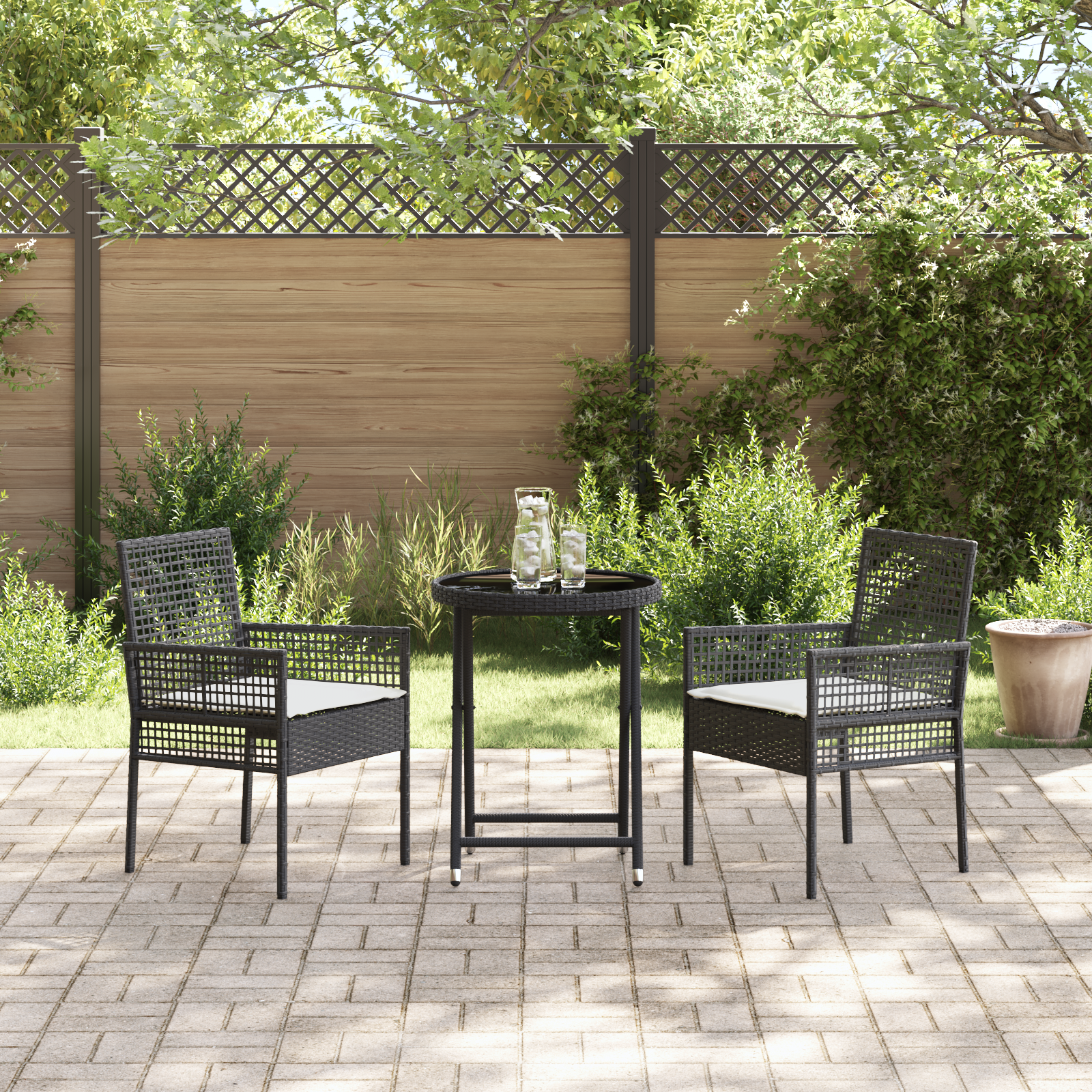 vidaXL 3-delige Tuinbistro set met kussens poly rattan zwart