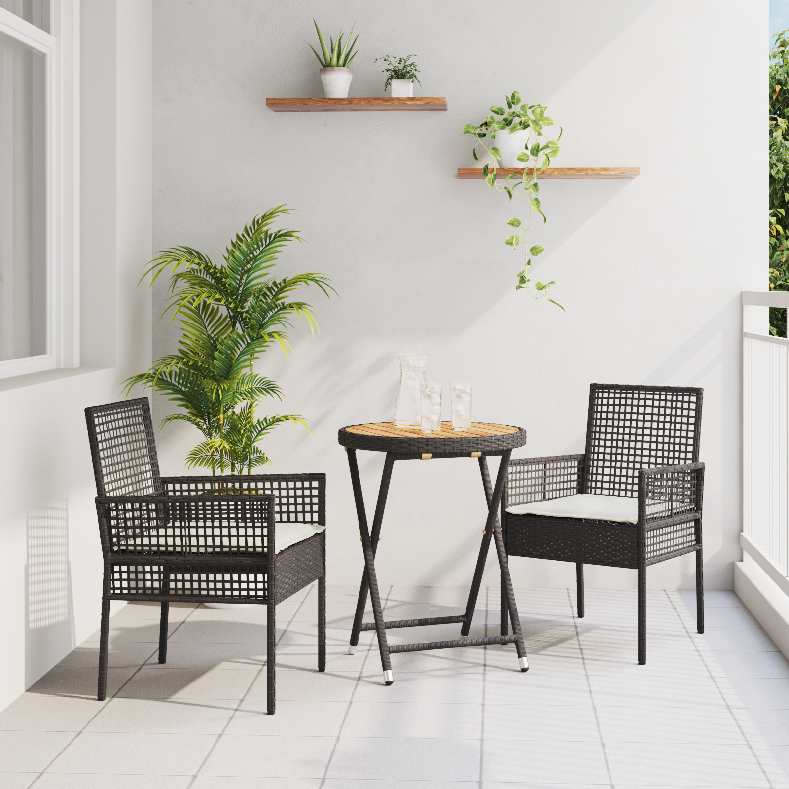 vidaXL 3-delige Bistroset voor in de tuin met kussens Zwart Poly Rattan