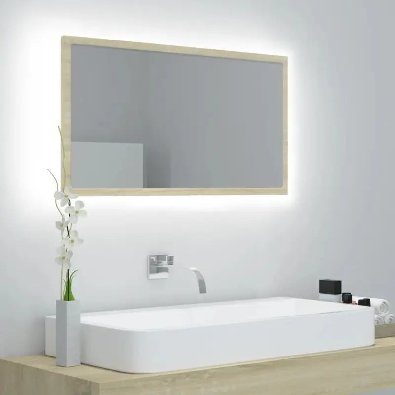 Badekamerkaptafel met LED-spiegel van bewerkt hout en acryl - Sonoma eiken / 1 - Badkamerkaptafels
