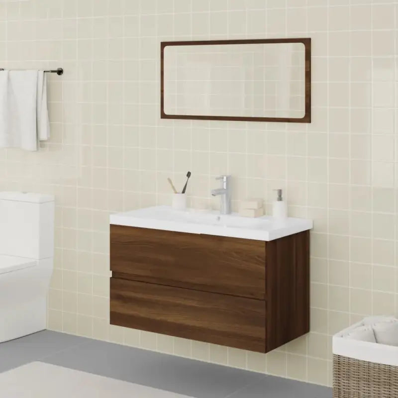 Badekamermeubelset met bewerkt hout en perfecte pasvorm - bruin eikenkleur / 80 x 39.5 x 45 cm / met kraan