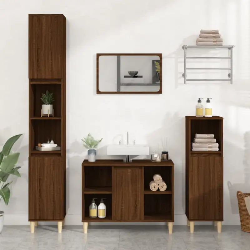 Badkamerkaptafel in bewerkt hout met Veel Opbergruimte - bruin eikenkleur / 1 - Badkamerkaptafels