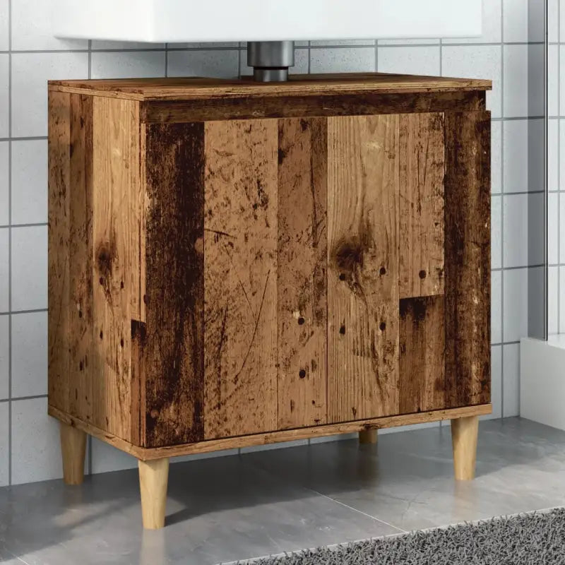 Badkamerkaptafel met bewerkt hout en houten poten voor een opgeruimde badkamer - Oud hout / 1 - Badkamerkaptafels
