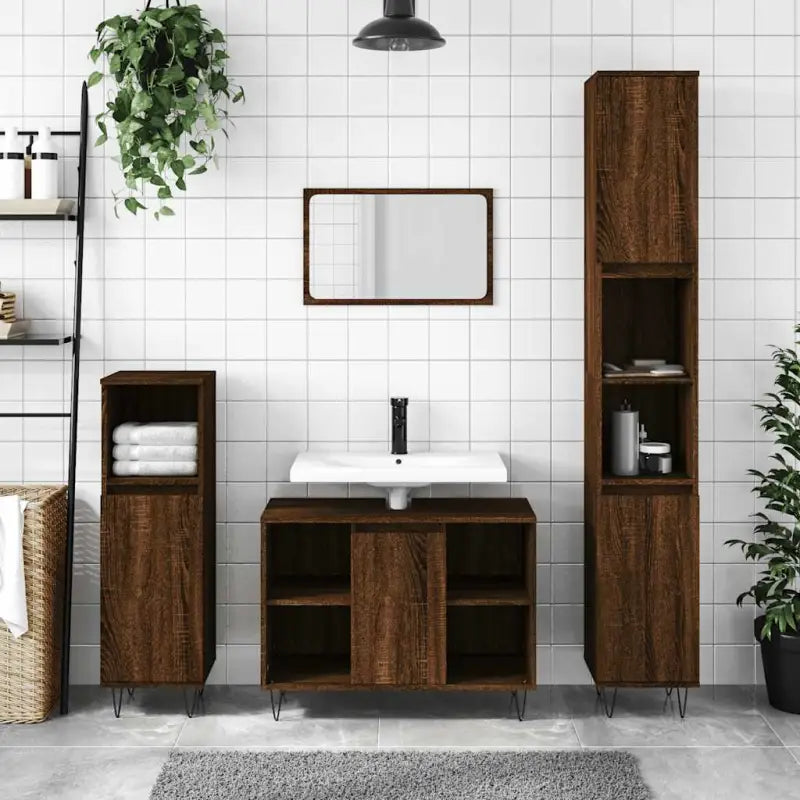Badkamerkaptafel met ijzeren poten en bewerkt hout voor opbergruimte - bruin eikenkleur / 1 - Badkamerkaptafels