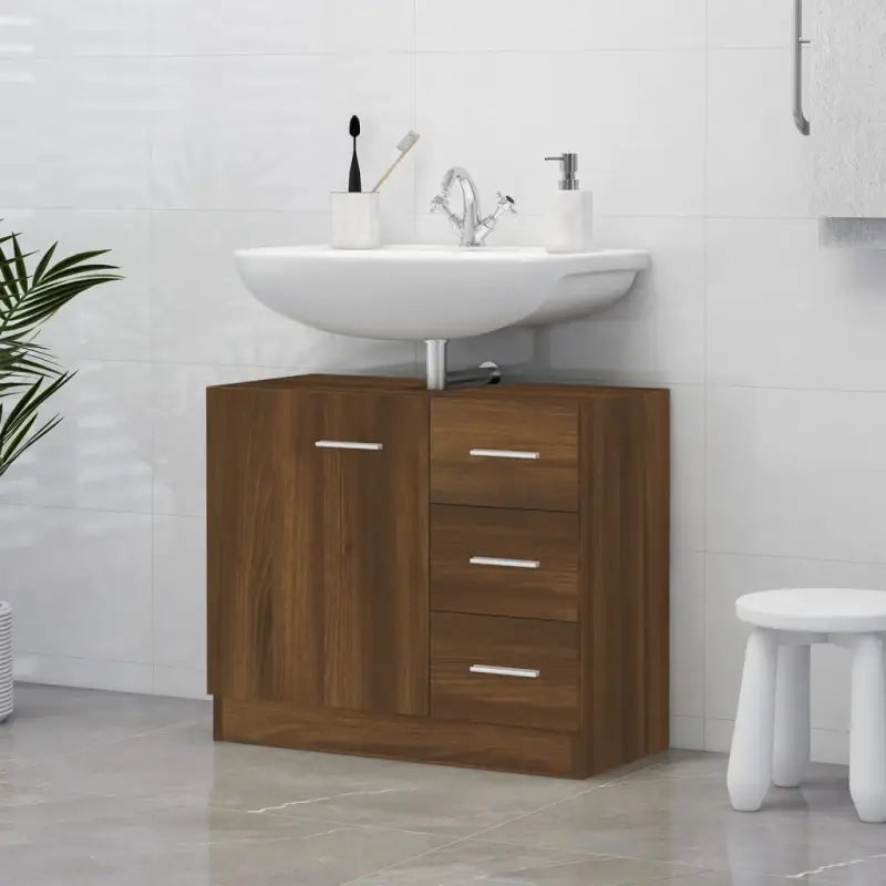Badkamermeubelset met bewerkt hout en gemakkelijk schoon te maken oppervlak - bruin eikenkleur - Badkamermeubelsets
