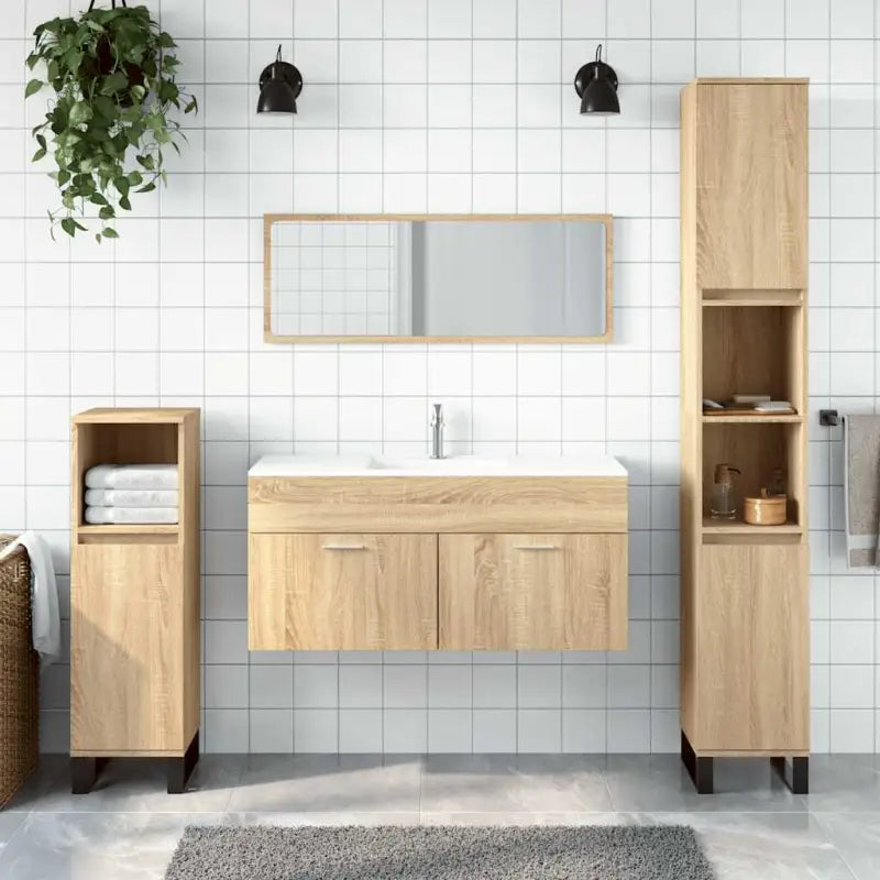Badkamermeubelset met bewerkt hout en minimalistische spiegel - Sonoma eiken - Badkamermeubelsets