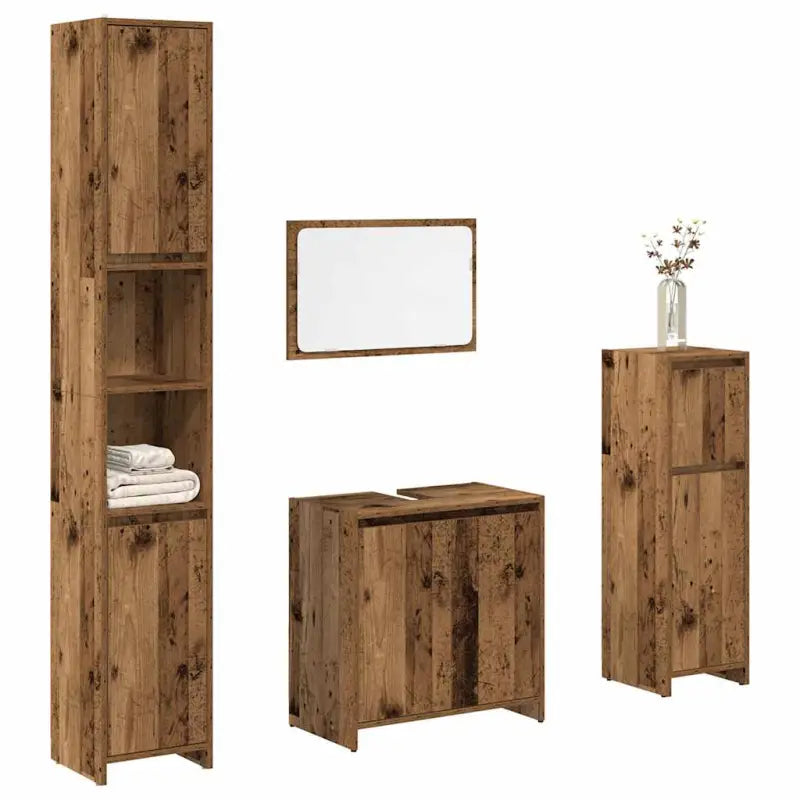 Badkamermeubelset met bewerkt hout en opbergruimte met hoge en medium kast - Oud hout - Badkamermeubelsets