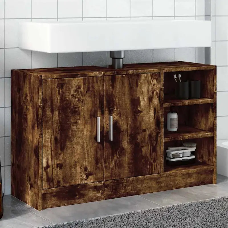 Badkamermeubelset met bewerkt hout voor een opgeruimde uitstraling - Gerookt eiken / 90 x 29 x 55 cm