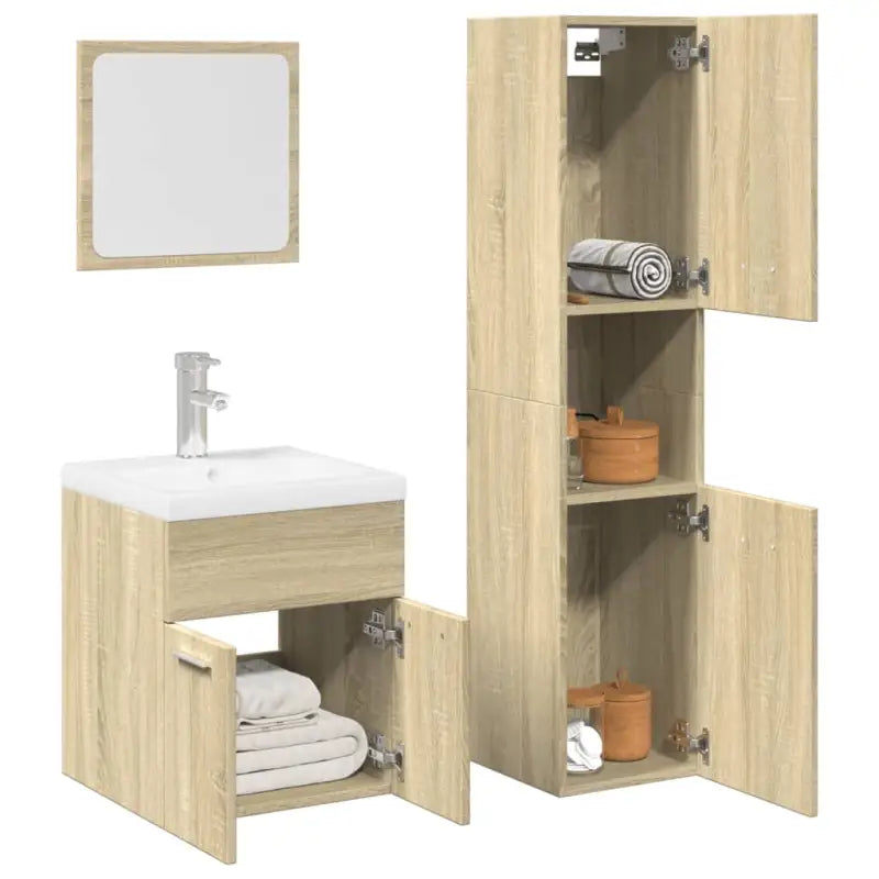 Badkamermeubelset met hoge kast en strak ontwerp past perfect - Sonoma eiken / 41 x 38.5 x 46 cm + 30 x 30 x 130 cm