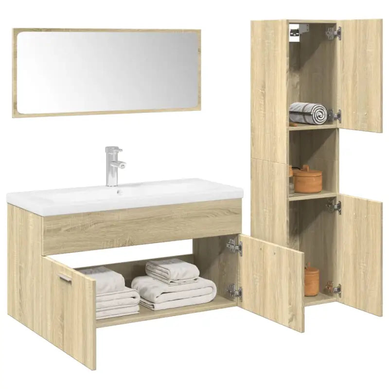 Badkamermeubelset met hoge kast en strak ontwerp past perfect - Sonoma eiken / 90 x 38.5 x 46 cm + 30 x 30 x 130 cm