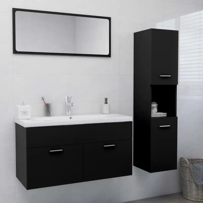Badkamermeubelset met hoge kast en strak ontwerp past perfect - Zwart / 90 x 38.5 x 46 cm - Badkamermeubelsets