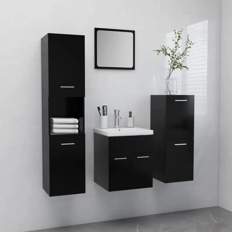 Badkamermeubelsets met lage en hoge kast van bewerkt hout - Zwart / 41 x 38.5 x 46 cm - Badkamermeubelsets