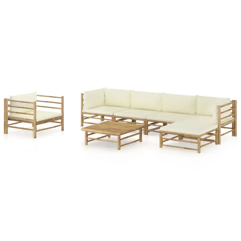 Bamboe tuin loungeset met comfortabele diepte zitting - Crème / 2x hoek + 2x midden + Fauteuil + voetensteun + Tafel