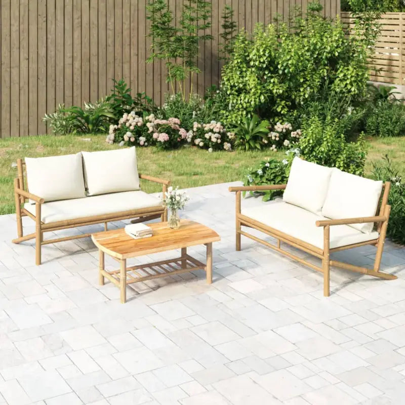 Bamboe tuinset met natuurlijke afwerking en afmetingen voor buitenruimte - Crèmewit / 2x Bank + Tafel - Tuinsets