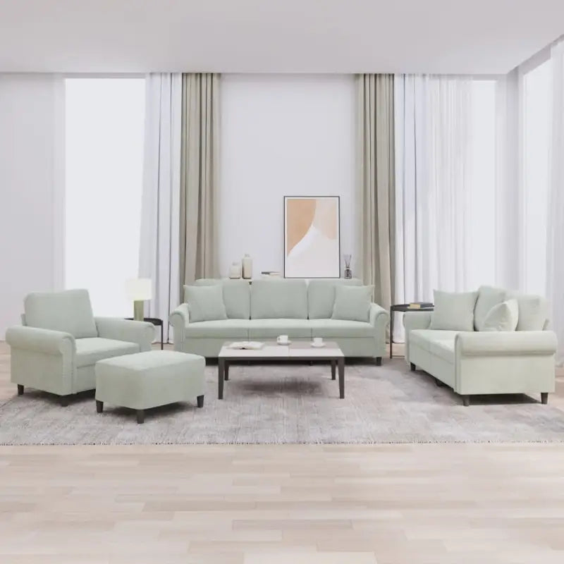 Banken loungeset met zachte fluweel stof en perfecte totale afmetingen - Lichtgrijs / met kussens en voetenbankje