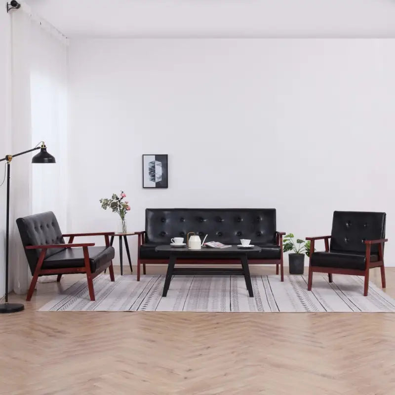 Banken met houten frame en kunstleer voor een retro woonkamer sfeer - Zwart / 1-zits + 2-zits + 3-zits - Banken