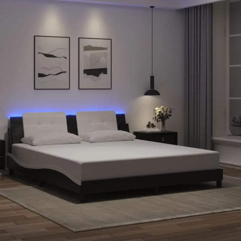 Bedframe met LED-verlichting en multiplex lattenbodem in wit materiaal - Zwart en wit / 180 x 200 cm - Bedden &