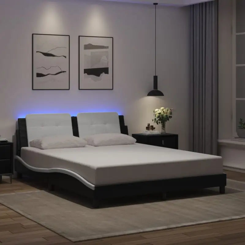 Bedframe met LED-verlichting en multiplex lattenbodem in wit materiaal - Zwart en wit / 160 x 200 cm - Bedden &