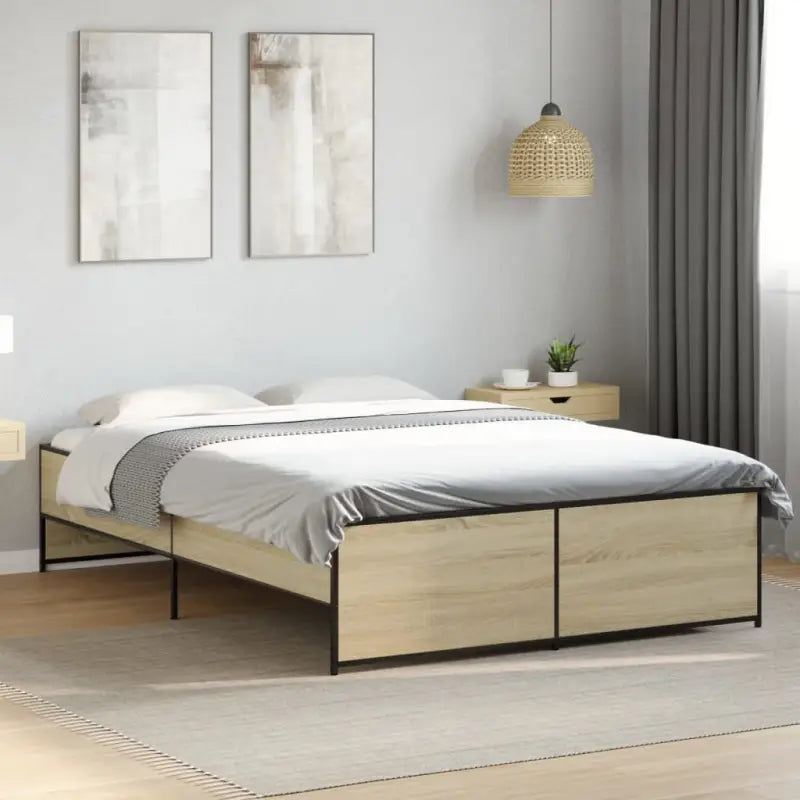 Bedframe met metalen poten en multiplex lattenbodem in grijs sonoma eiken - Sonoma eiken / 140 x 190 cm - Bedden &