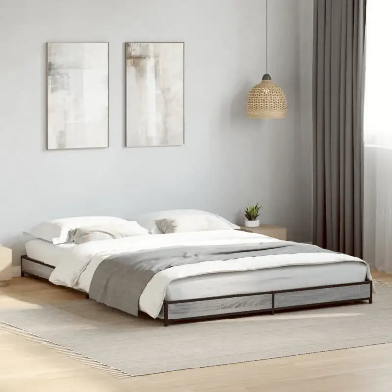 Bedframe met metalen poten en multiplex lattenbodem van bewerkt hout - Grijs sonoma / 135 x 190 cm / 14.5 cm - Bedden &
