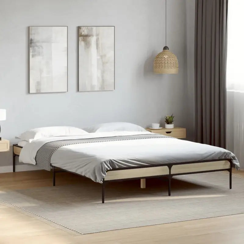 Bedframe met metalen poten en multiplex lattenbodem van bewerkt hout - Sonoma eiken / 150 x 200 cm / 30 cm - Bedden &