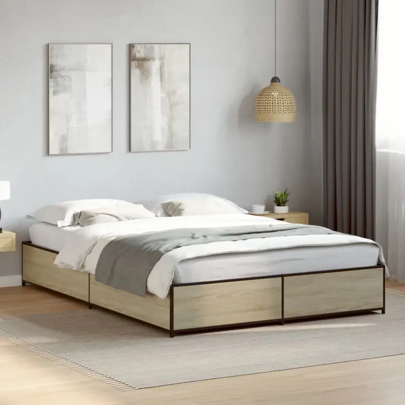 Bedframe met metalen poten en multiplex lattenbodem van bewerkt hout - Sonoma eiken / 150 x 200 cm / 29 cm - Bedden &