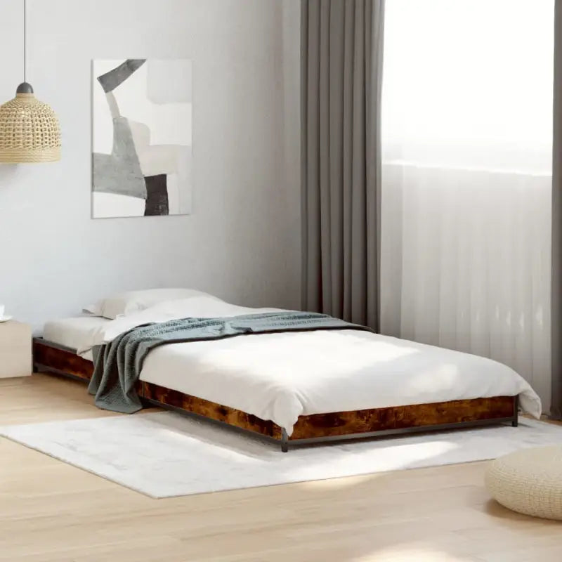 Bedframe met metalen poten en multiplex lattenbodem van bewerkt hout - Gerookt eiken / 75 x 190 cm / 14.5 cm - Bedden &