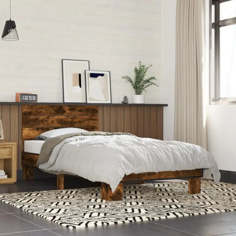Bedframe met metalen poten en multiplex lattenbodem van bewerkt hout - Gerookt eiken / 90 x 190 cm - Bedden & bedframes